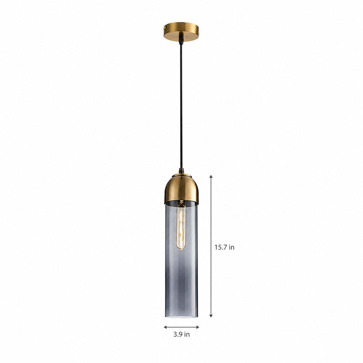 Long Tube Glass Bottle Pendant Light - Smoke Gray on white with dimensions