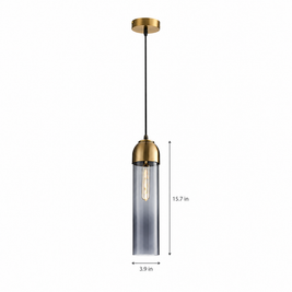 Long Tube Glass Bottle Pendant Light - Smoke Gray on white with dimensions