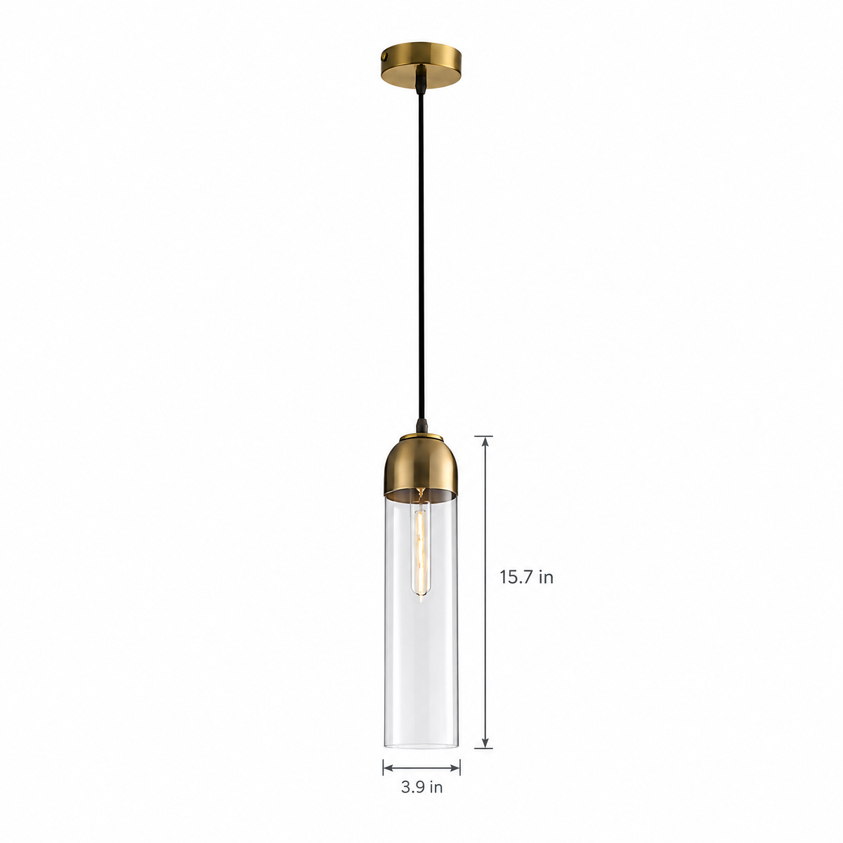 Long Tube Glass Bottle Pendant Light - Transparent on white with dimensions