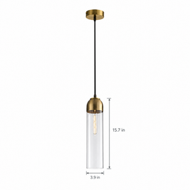 Long Tube Glass Bottle Pendant Light - Transparent on white with dimensions