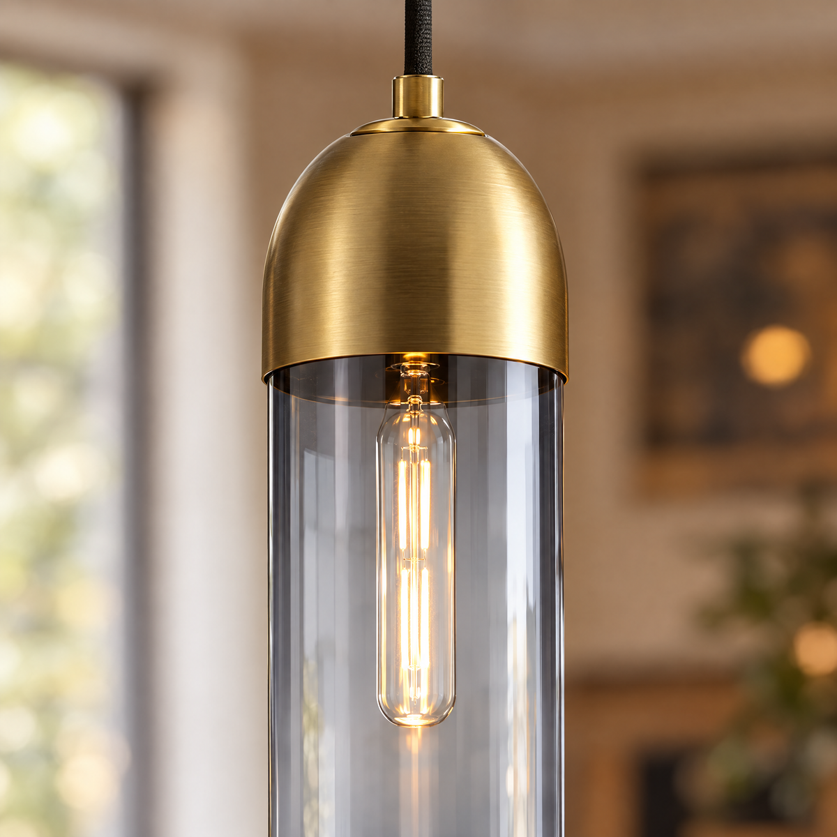 Long Tube Glass Bottle Pendant Light - Smoke Gray close-up detail