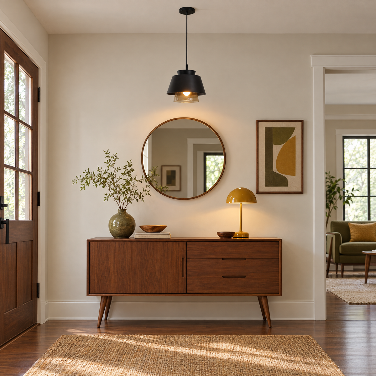 Traditional Glass & Metal Pendant Light - Black in an entryway