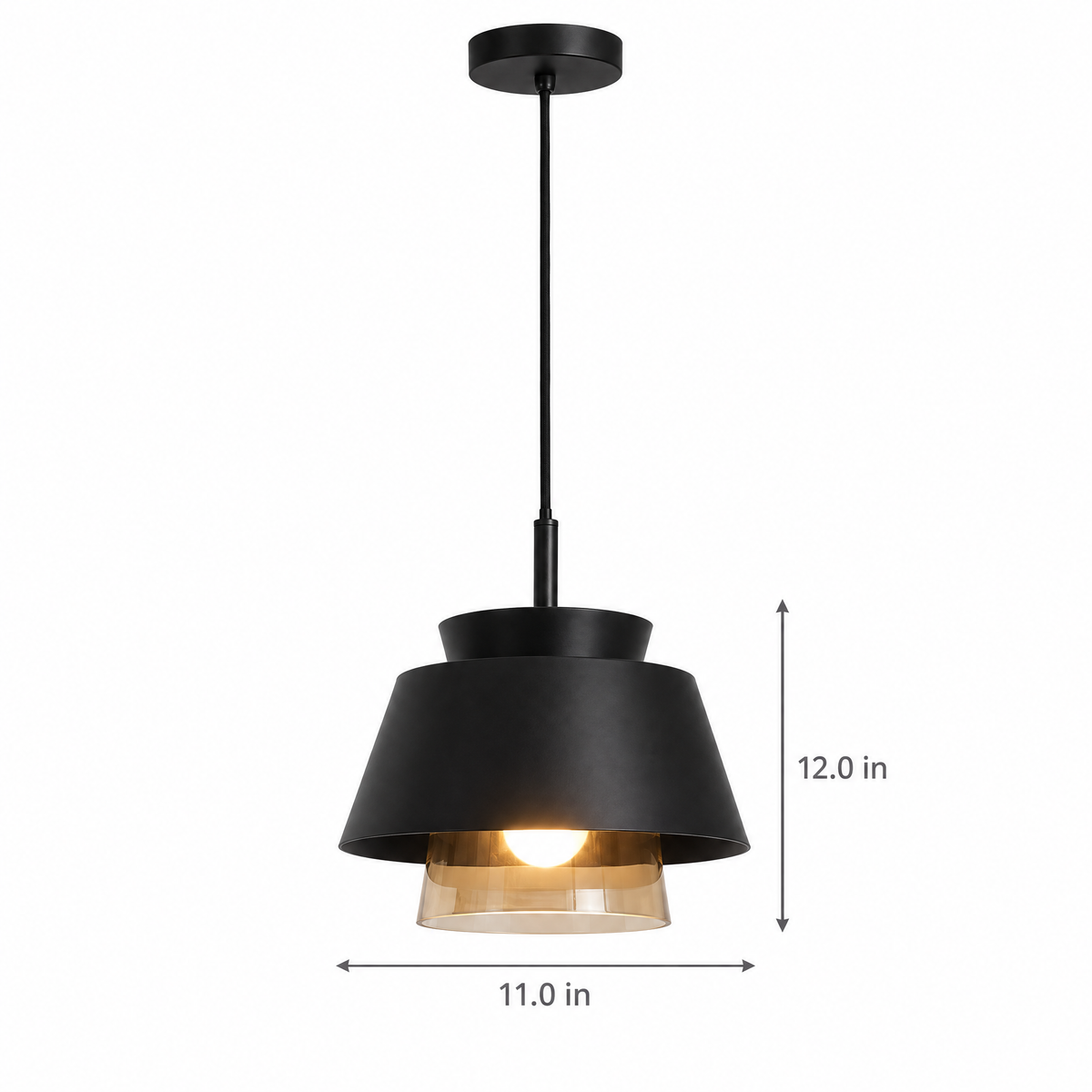 Traditional Glass & Metal Pendant Light - Black on white with dimensions