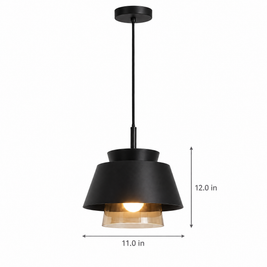 Traditional Glass & Metal Pendant Light - Black on white with dimensions