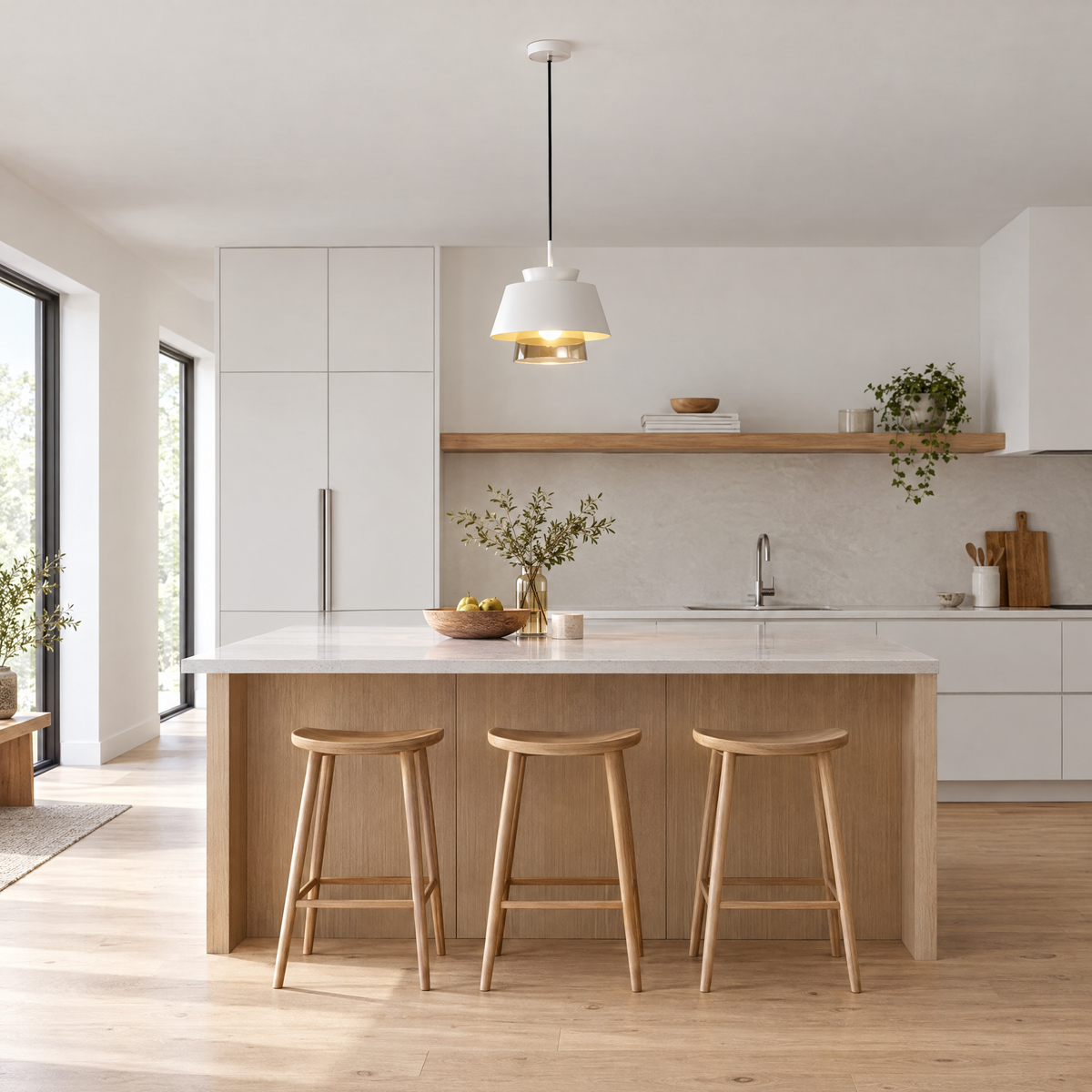 Traditional Glass & Metal Pendant Light - White in a kitchen