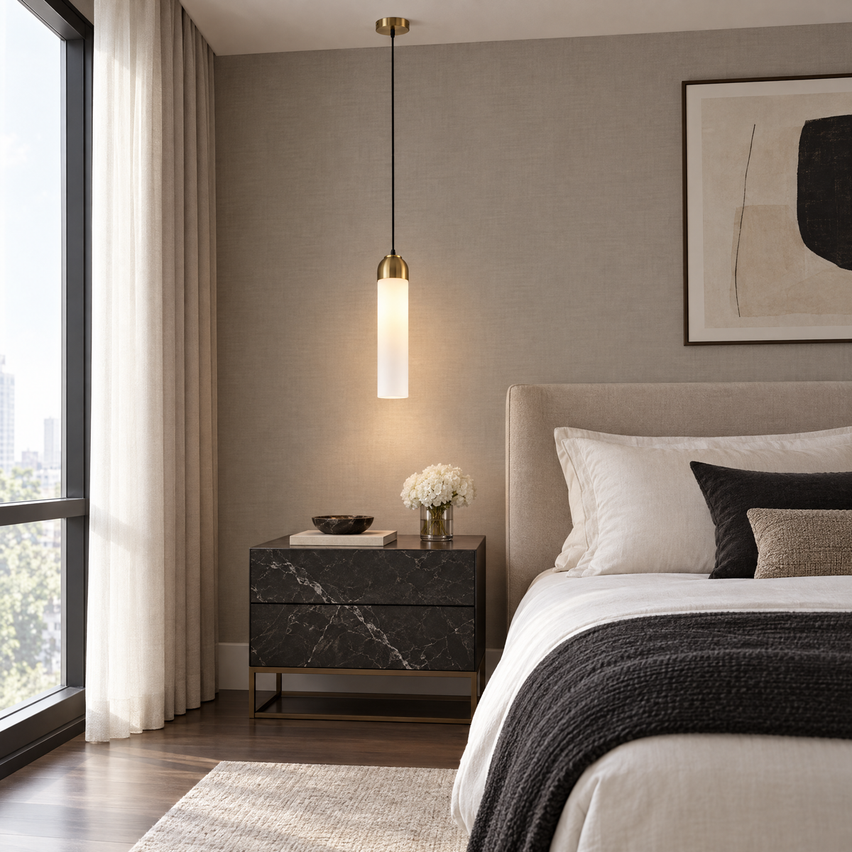 Long Tube Glass Bottle Pendant Light - White in a bedroom