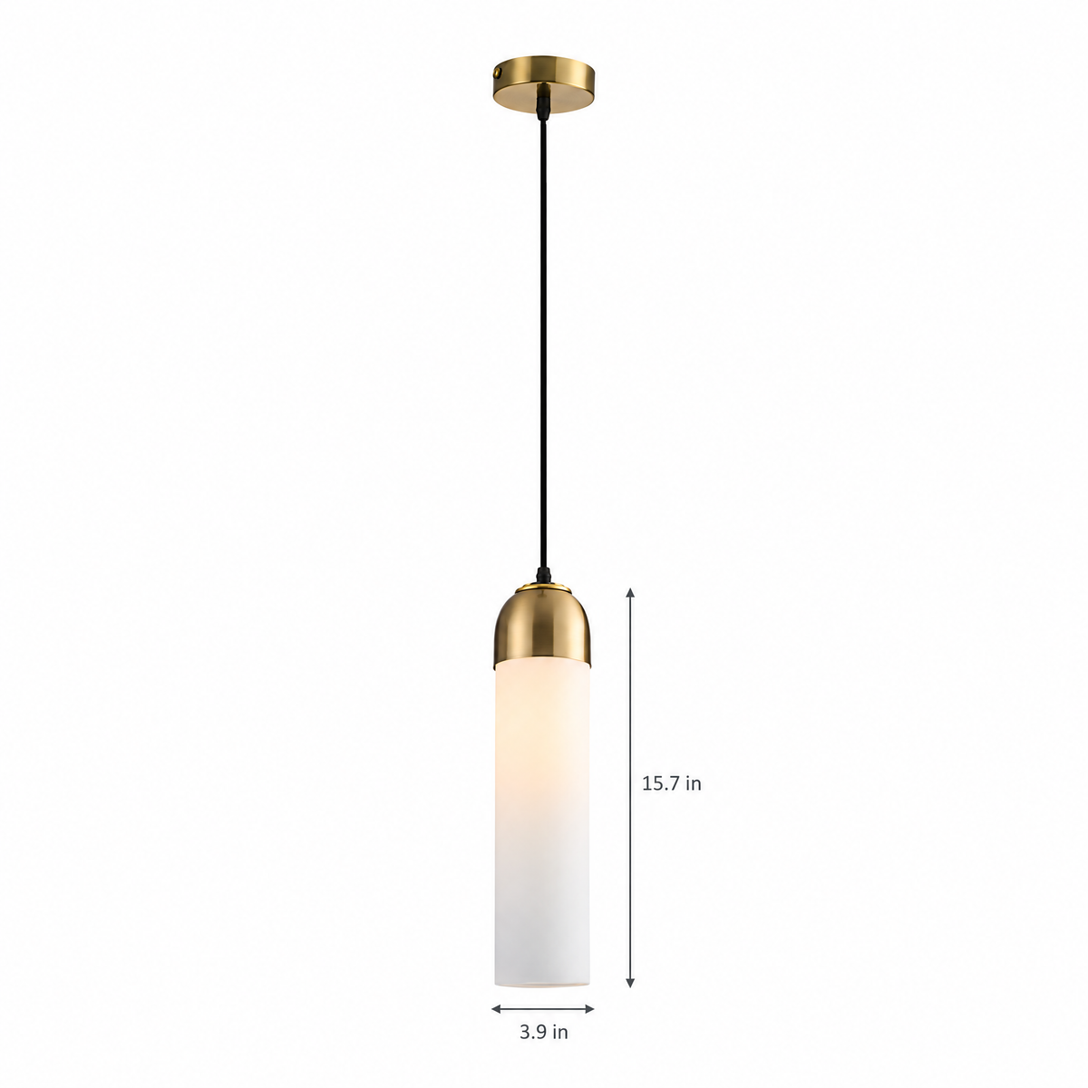 Long Tube Glass Bottle Pendant Light - White on white with dimensions