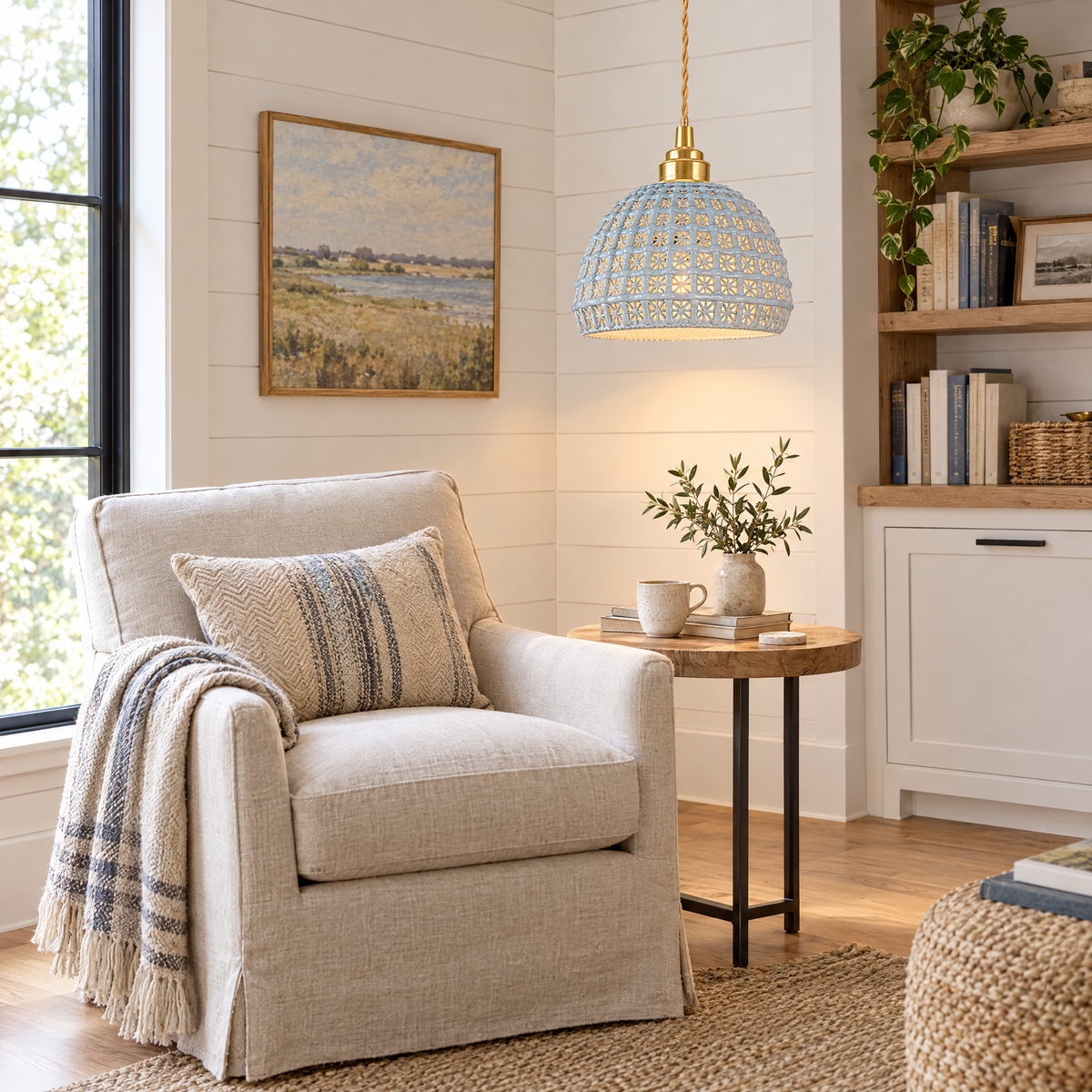 Ceramic Semi Globe Pendant Light, Copper - Blue in a reading corner