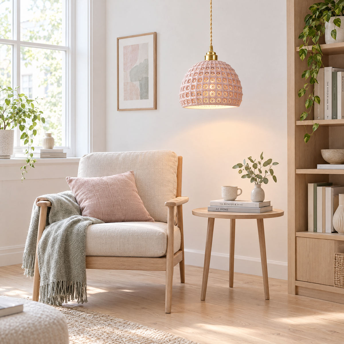 Ceramic Semi Globe Pendant Light, Copper - Pink in a reading corner