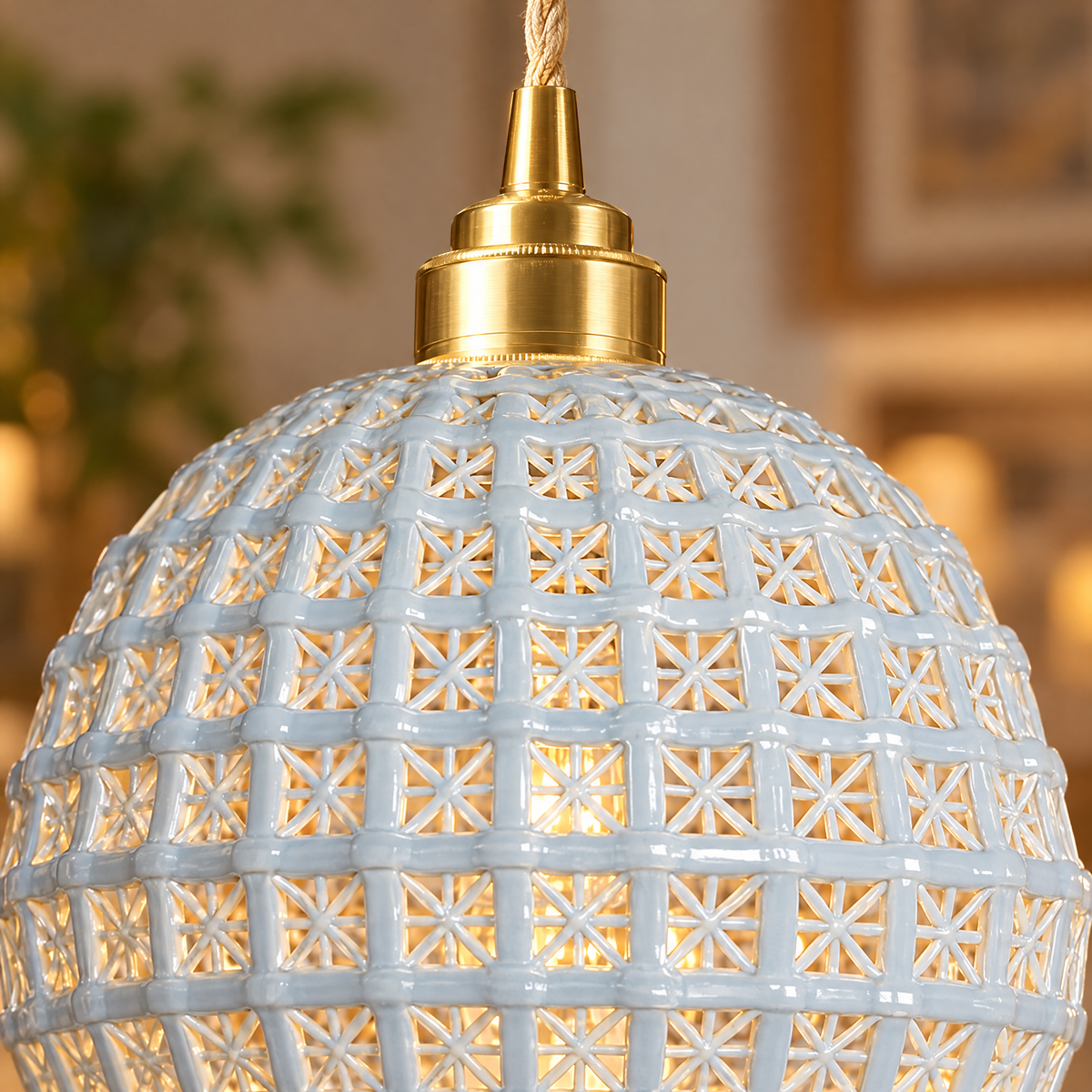 Ceramic Semi Globe Pendant Light, Copper - Blue close-up detail