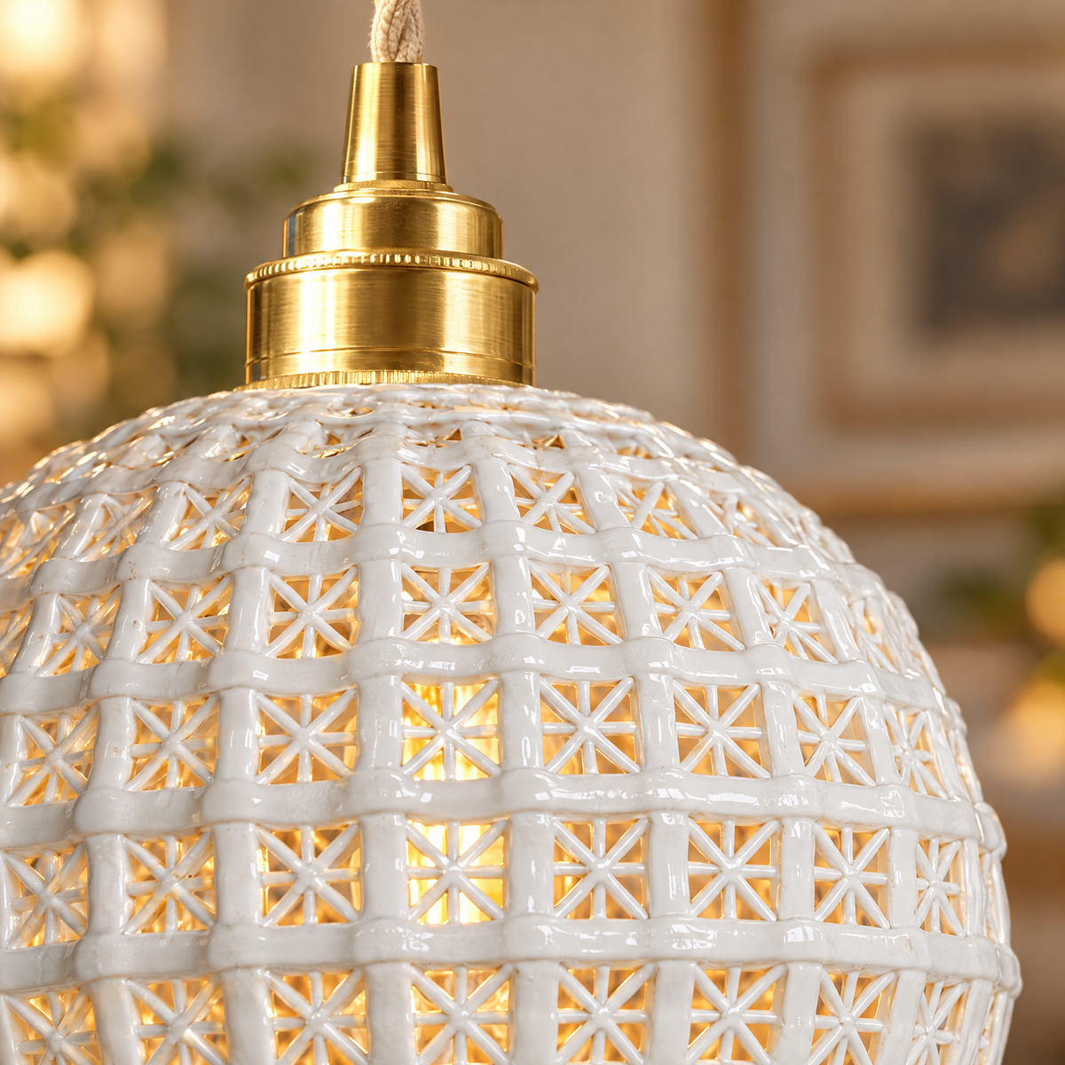 Ceramic Semi Globe Pendant Light, Copper - White close-up detail