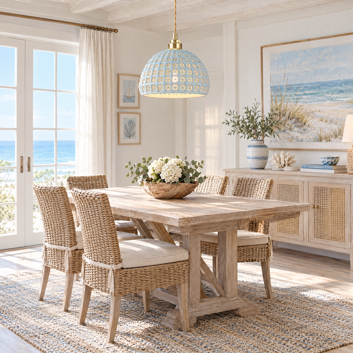 Ceramic Semi Globe Pendant Light, Copper - Blue in a dining room