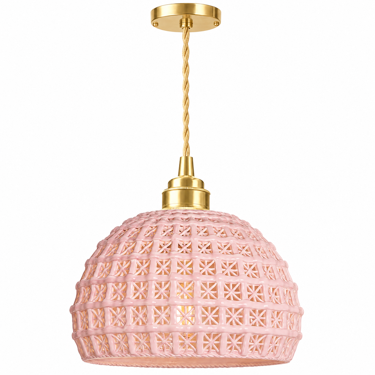 Ceramic Semi Globe Pendant Light, Copper - Pink on white background