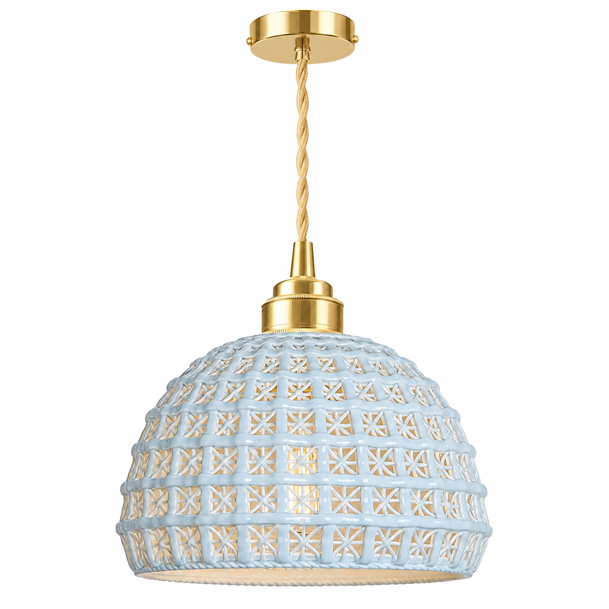 Ceramic Semi Globe Pendant Light, Copper - Blue on white background