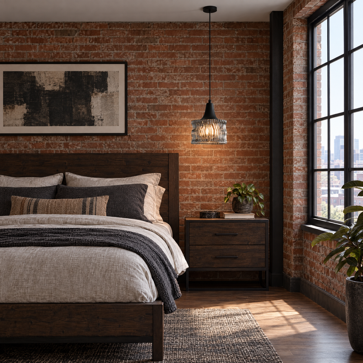 Glass Drum Pendant Light, Dimmable Black in a bedroom