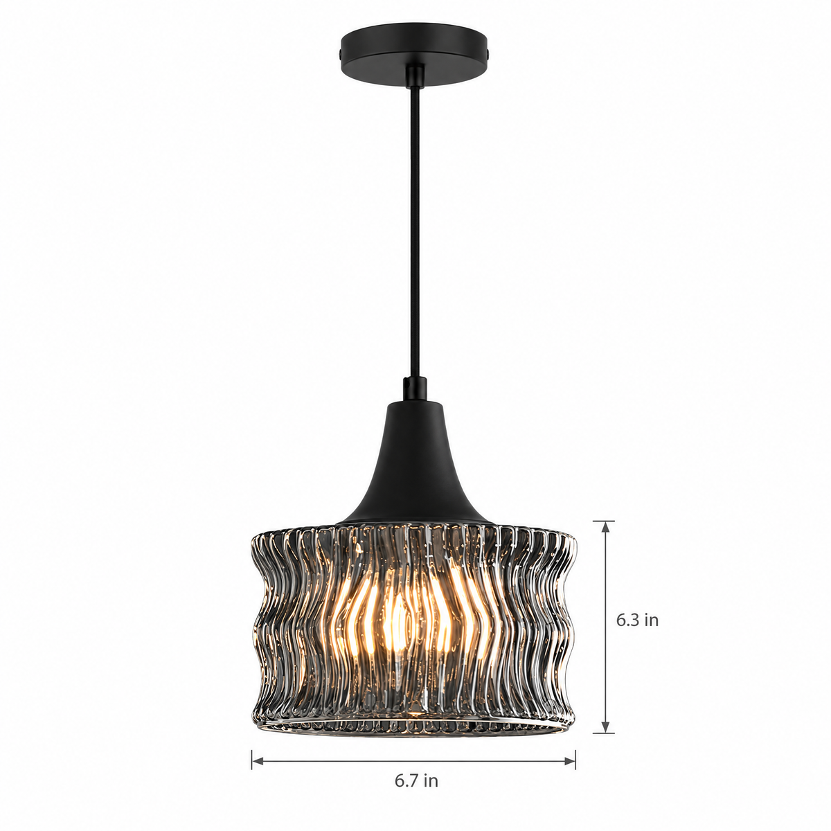 Glass Drum Pendant Light, Dimmable Black on white with dimensions