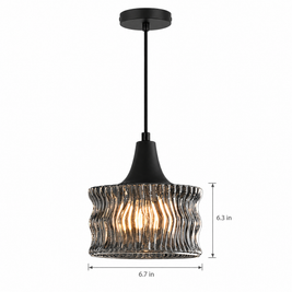 Glass Drum Pendant Light, Dimmable Black on white with dimensions