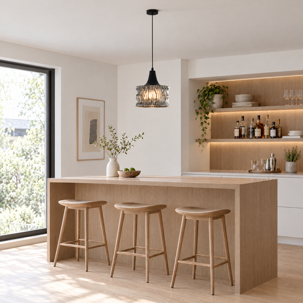 Glass Drum Pendant Light, Dimmable Black in a home bar