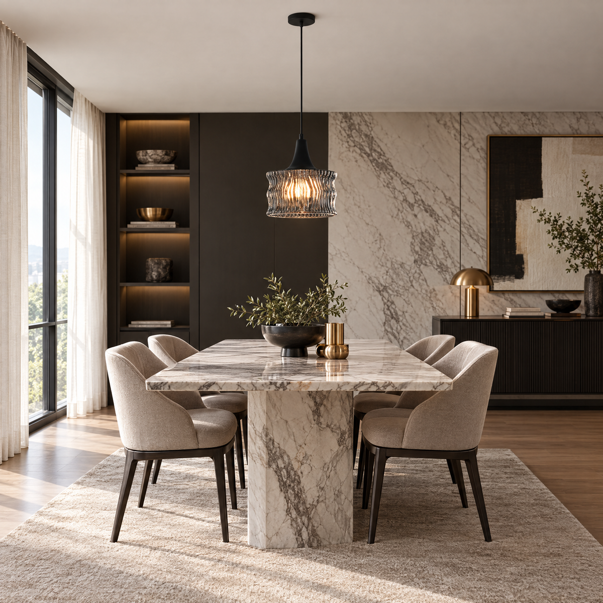 Glass Drum Pendant Light, Dimmable Black in a dining room
