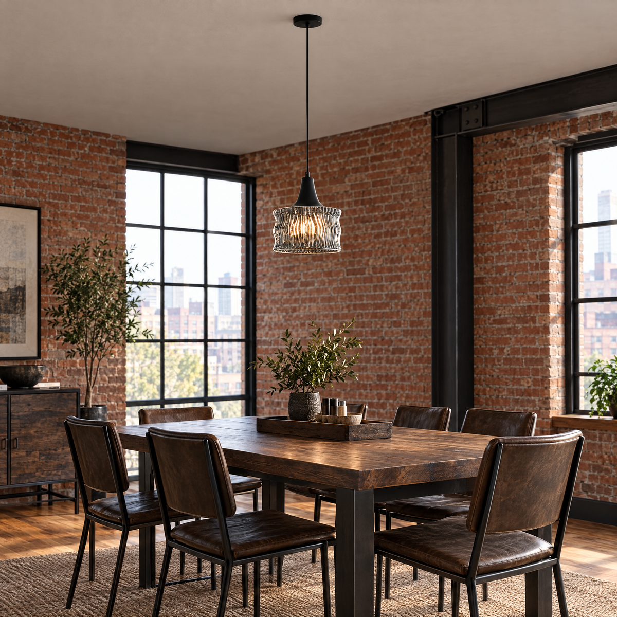 Glass Drum Pendant Light, Dimmable Black in a dining room