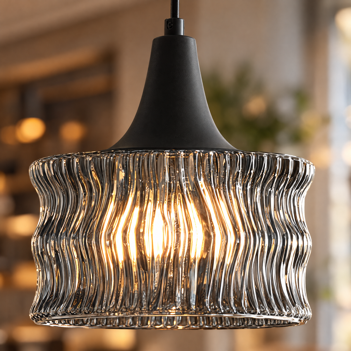 Glass Drum Pendant Light, Dimmable Black close-up detail
