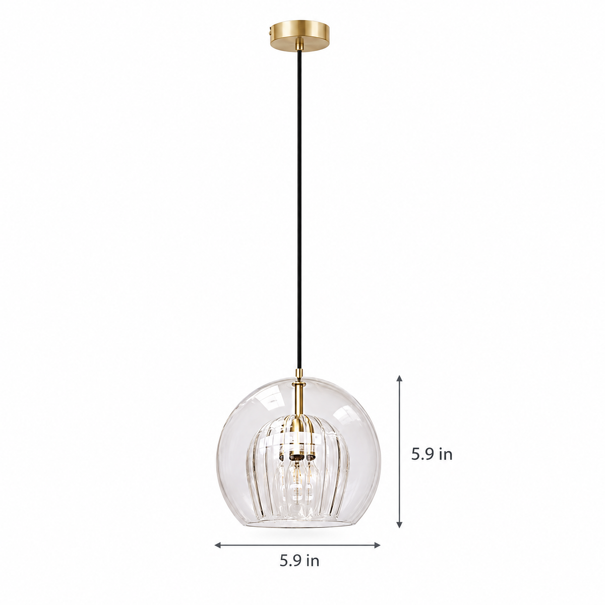 Copper & Glass Globe Pendant Light on white with dimensions