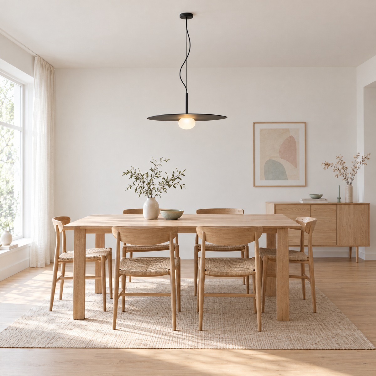 Glass Ball Pendant Light, Black Iron Frame - Disc in a dining room
