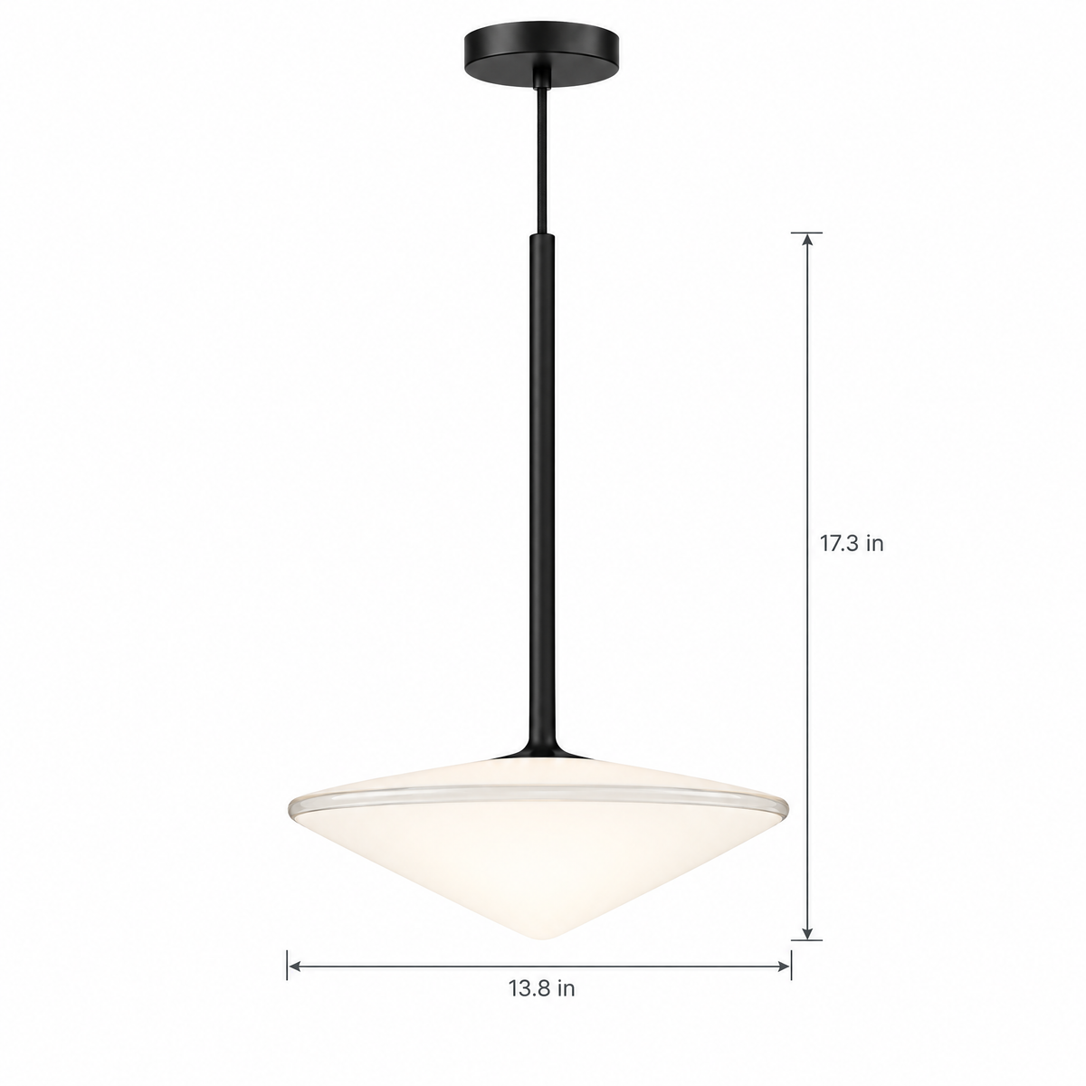 Glass Ball Pendant Light, Black Iron Frame - Cone on white with dimensions