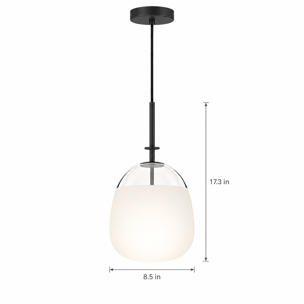 Glass Ball Pendant Light, Black Iron Frame - Ball on white with dimensions