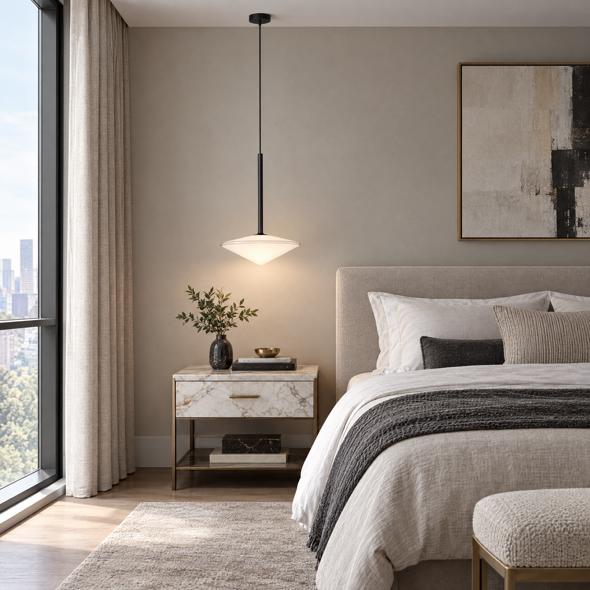 Glass Ball Pendant Light, Black Iron Frame - Cone in a bedroom