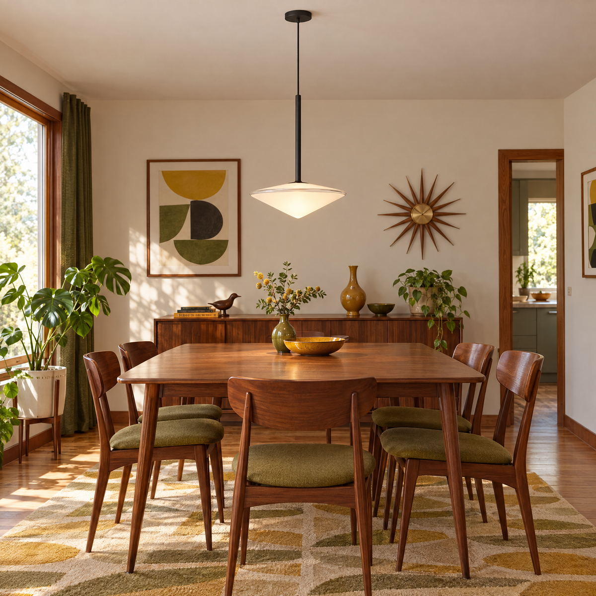 Glass Ball Pendant Light, Black Iron Frame - Cone in a dining room