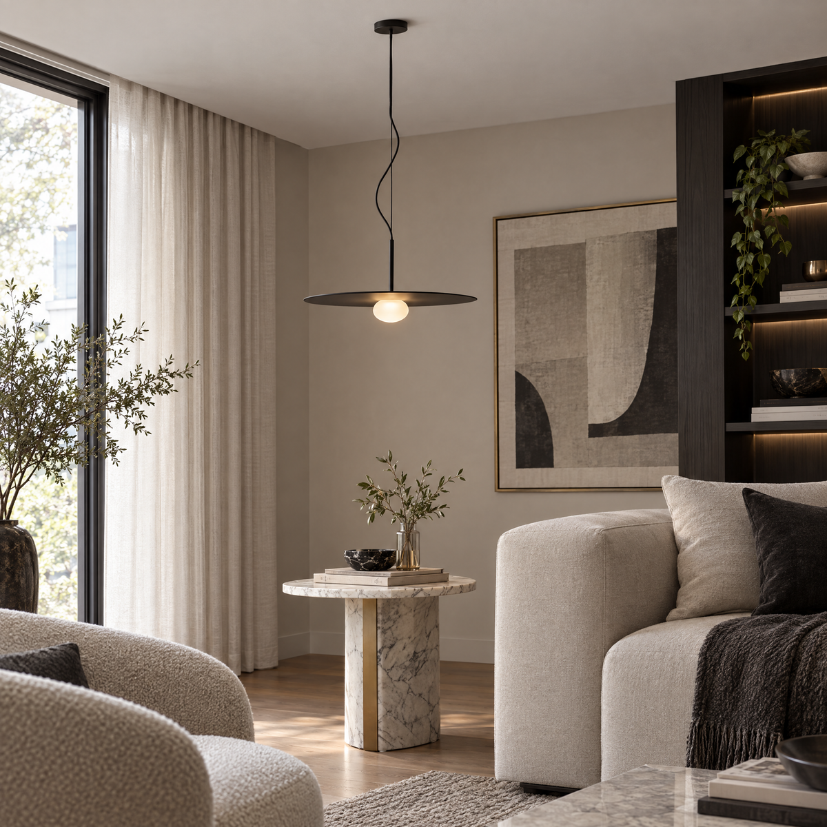 Glass Ball Pendant Light, Black Iron Frame - Disc in a living room