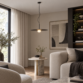 Glass Ball Pendant Light, Black Iron Frame - Disc in a living room