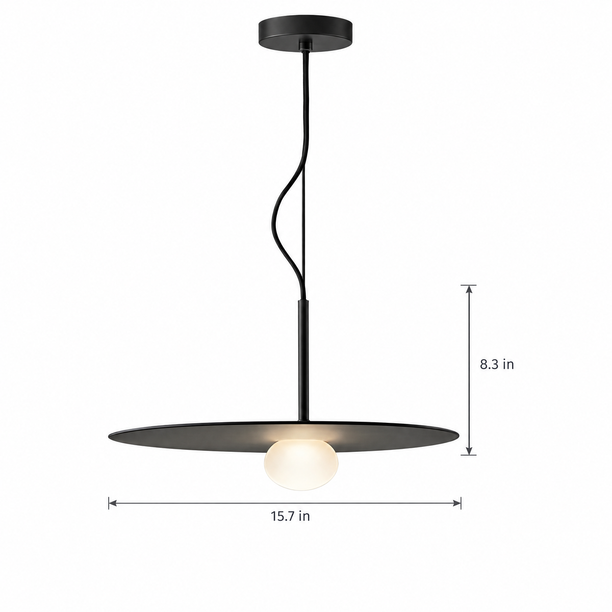 Glass Ball Pendant Light, Black Iron Frame - Disc on white with dimensions