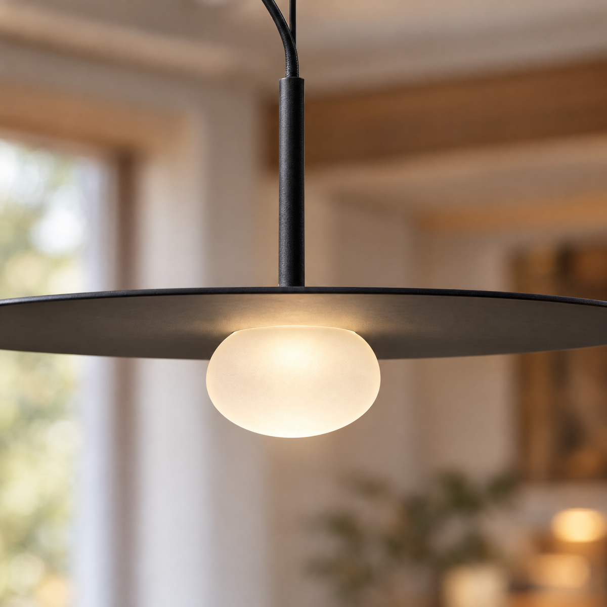 Glass Ball Pendant Light, Black Iron Frame - Disc close-up detail