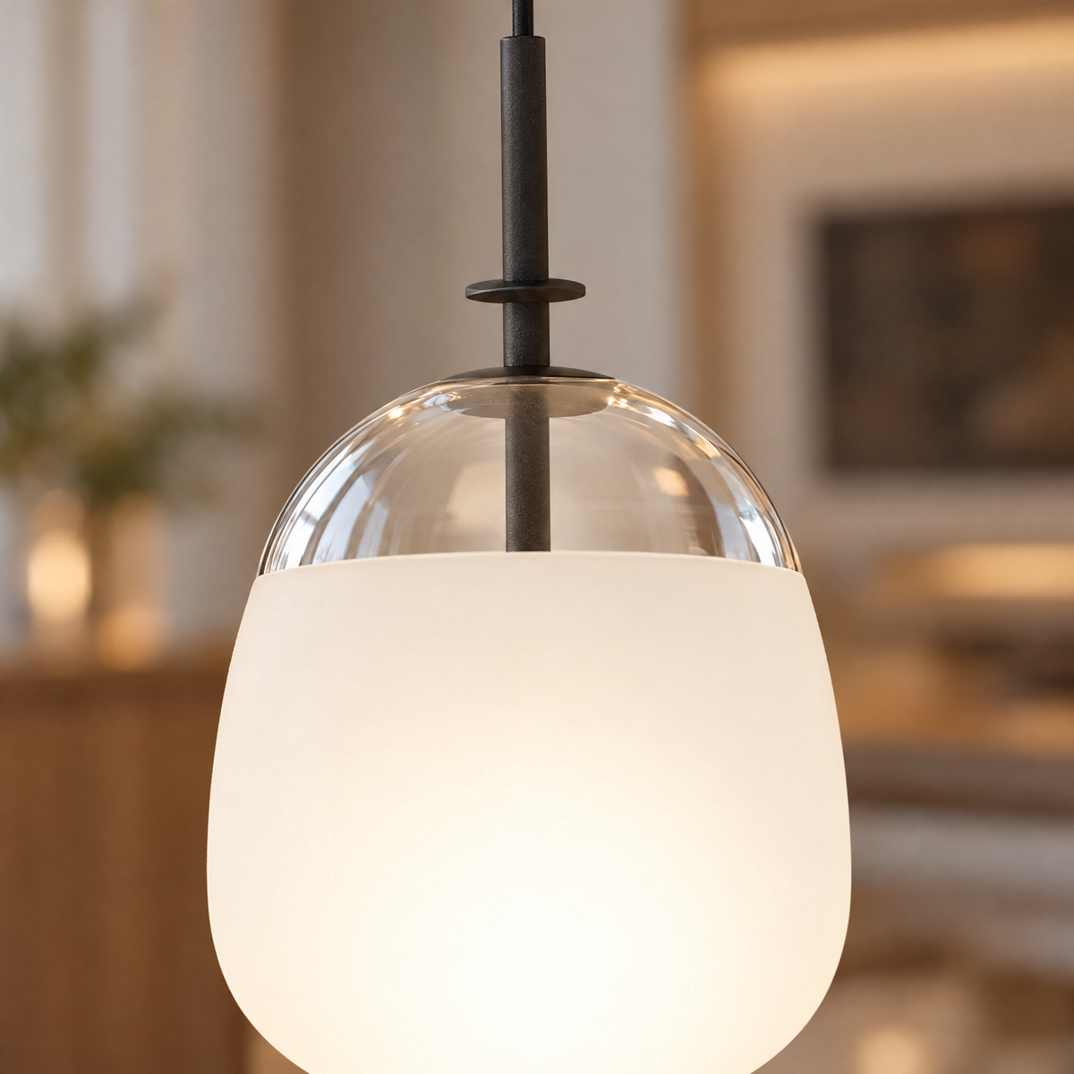 Glass Ball Pendant Light, Black Iron Frame - Ball close-up detail