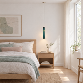 Long Milk Glass Bottle Pendant Light - Dark Green in a bedroom