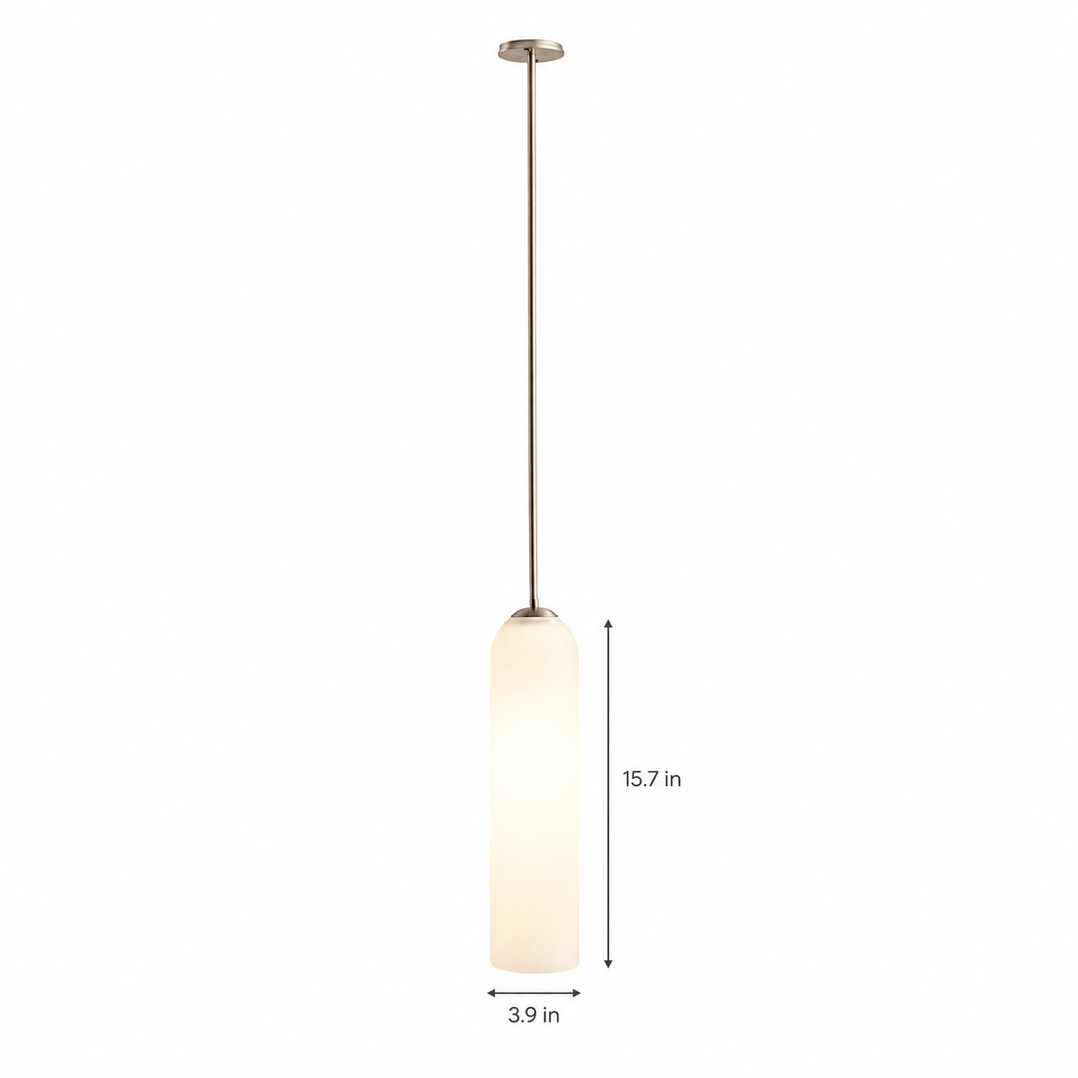 Long Milk Glass Bottle Pendant Light - White on white with dimensions