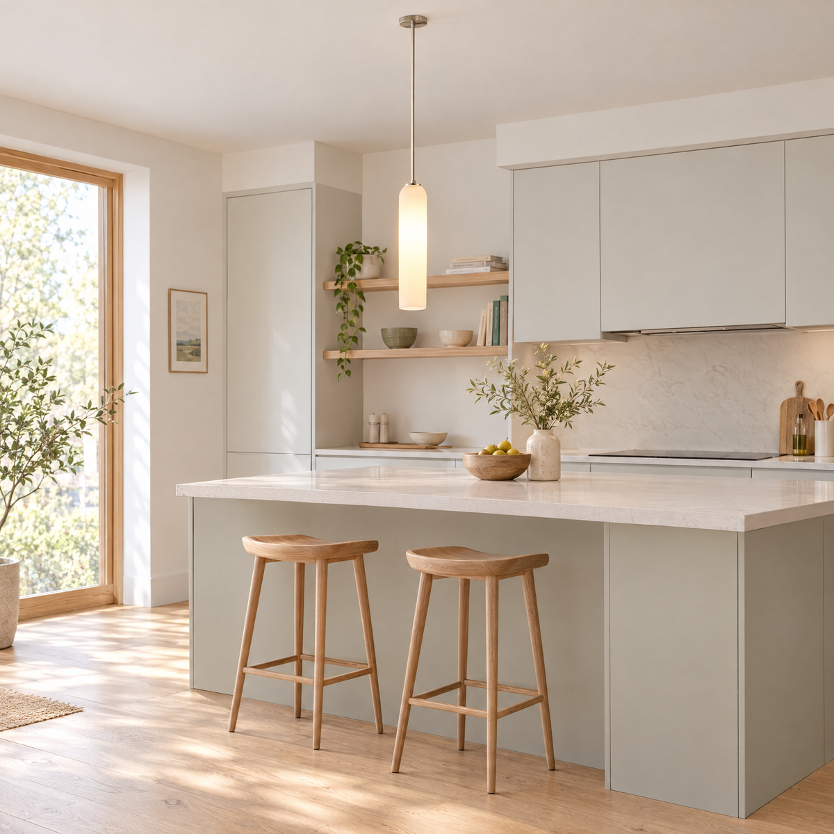 Long Milk Glass Bottle Pendant Light - White in a kitchen