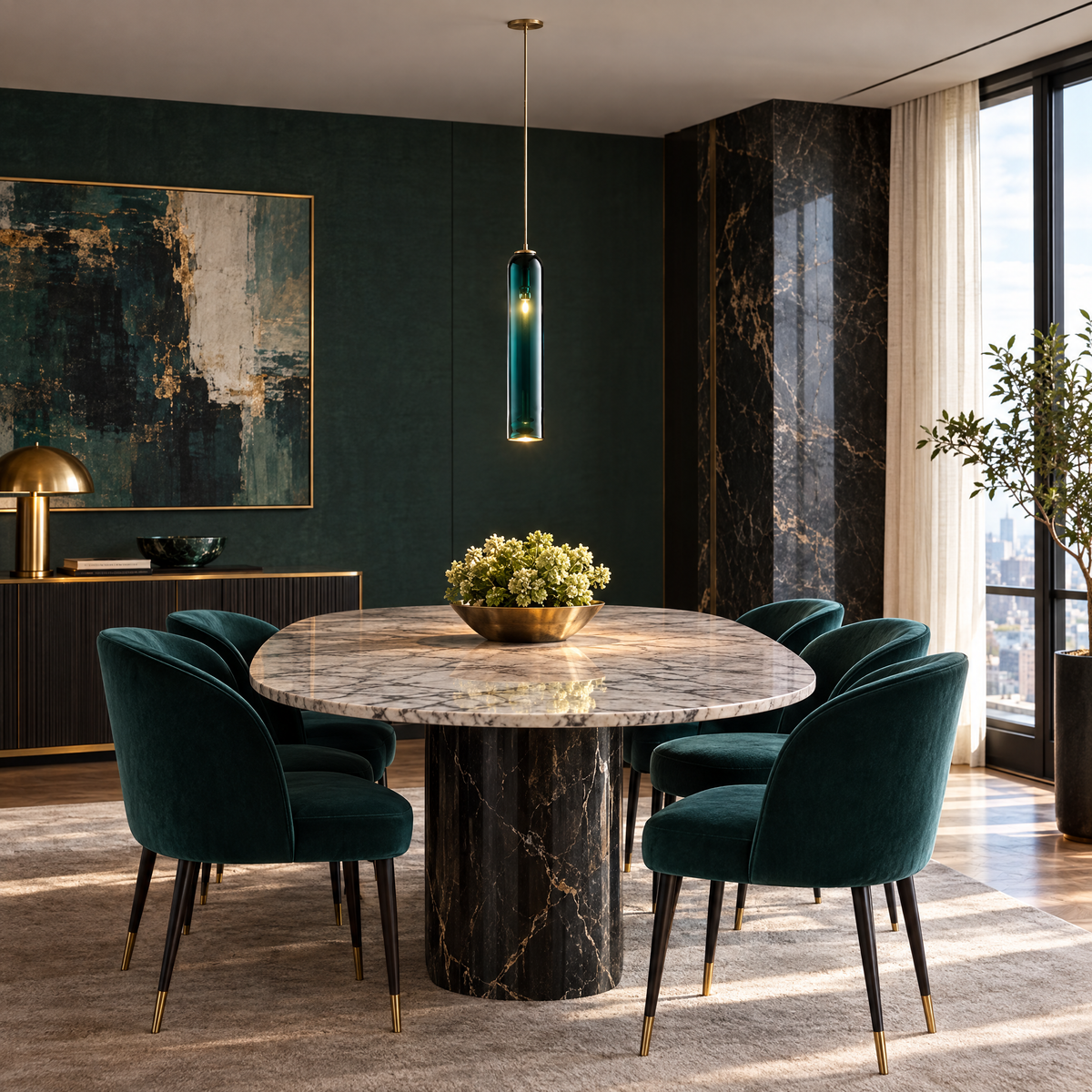 Long Milk Glass Bottle Pendant Light - Dark Green in a dining room