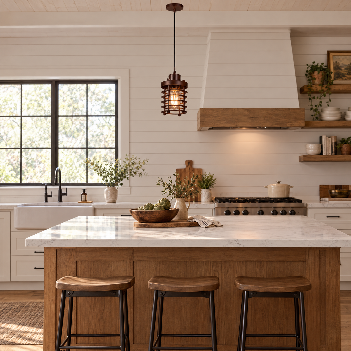 Industrial Cage Pendant Light, 2000-3000 lm - Rust Red in a kitchen