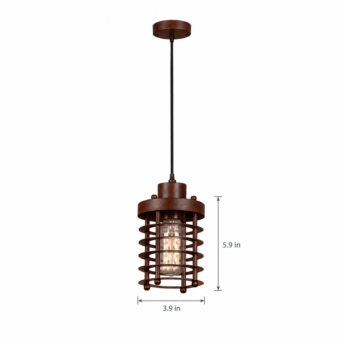 Industrial Cage Pendant Light, 2000-3000 lm - Rust Red on white with dimensions