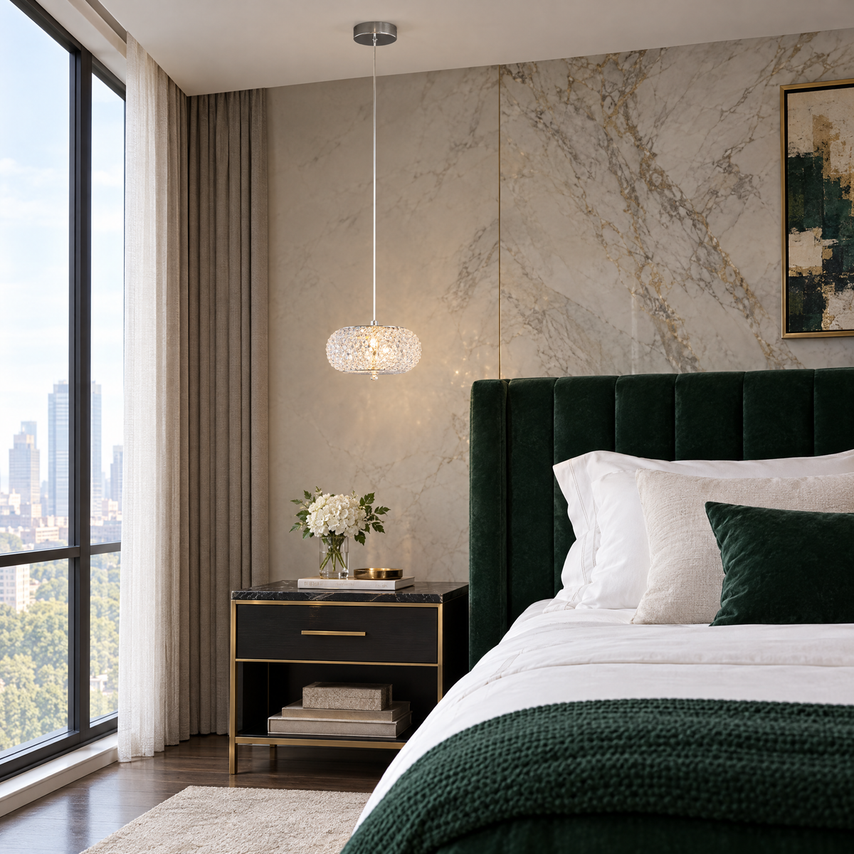 Small Crystal Drum Pendant Light, Dimmable in a bedroom