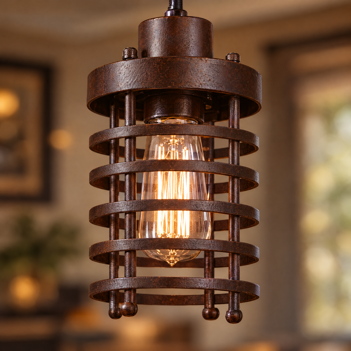 Industrial Cage Pendant Light, 2000-3000 lm - Rust Red close-up detail
