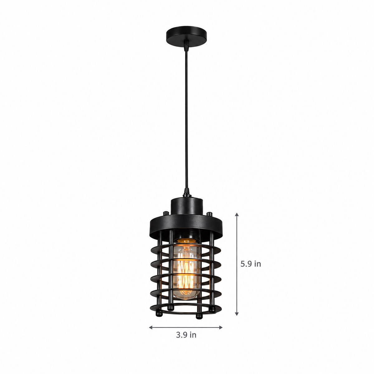 Industrial Cage Pendant Light, 2000-3000 lm - Black on white with dimensions