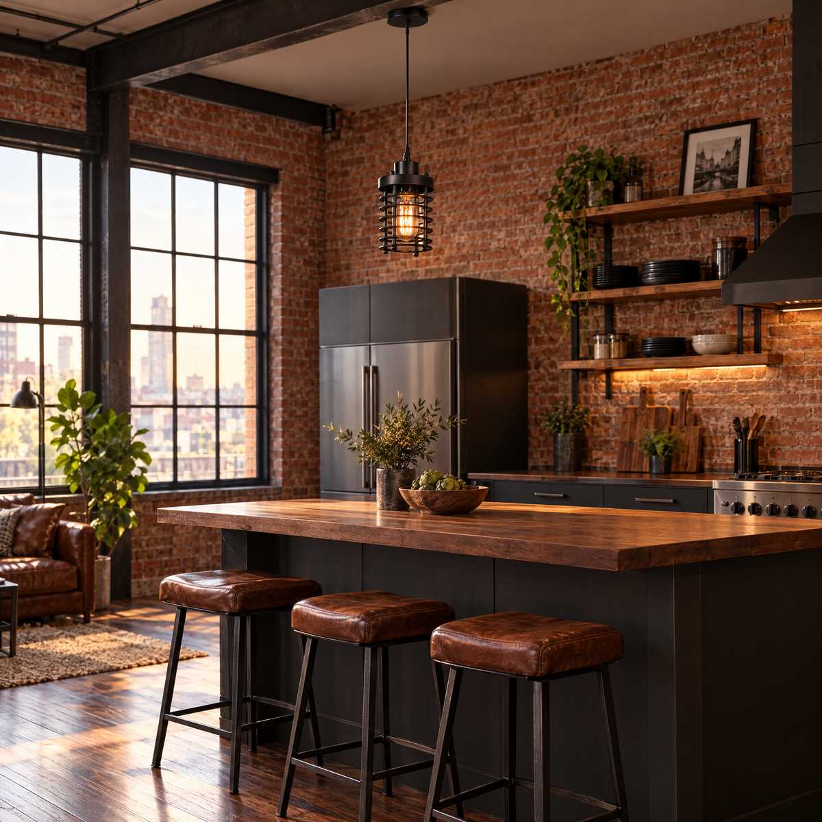 Industrial Cage Pendant Light, 2000-3000 lm - Black in a kitchen