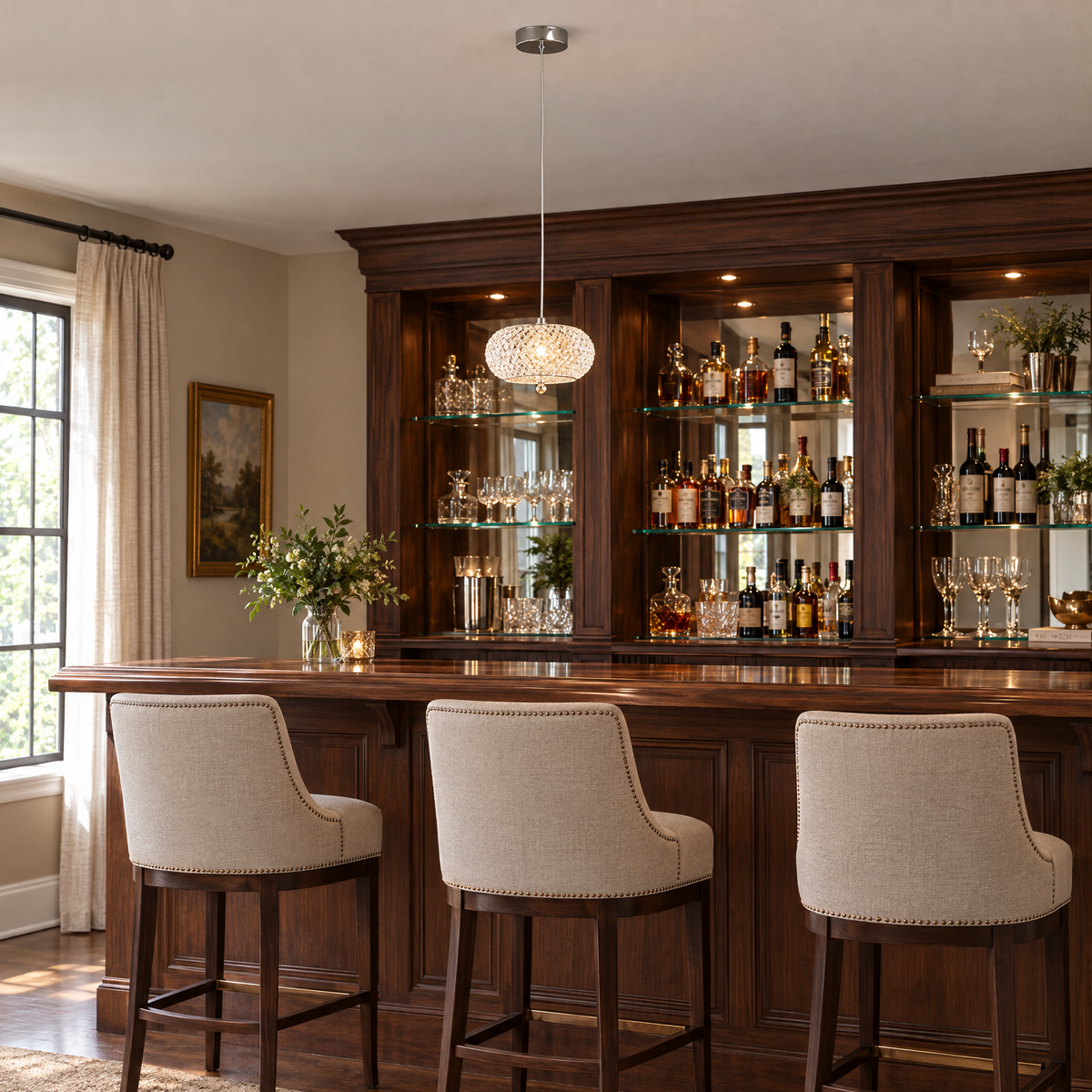 Small Crystal Drum Pendant Light, Dimmable in a home bar