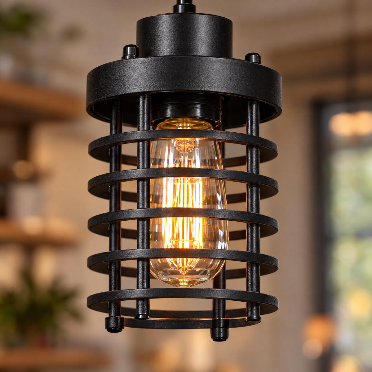 Industrial Cage Pendant Light, 2000-3000 lm - Black close-up detail