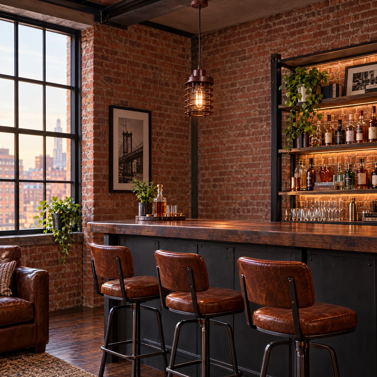 Industrial Cage Pendant Light, 2000-3000 lm - Rust Red in a home bar