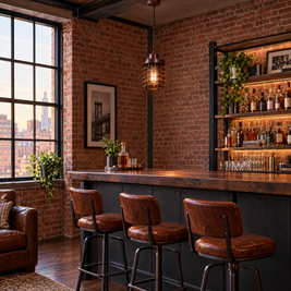 Industrial Cage Pendant Light, 2000-3000 lm - Rust Red in a home bar